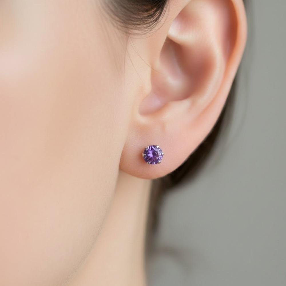 Sterling Silver Prong Set Amethyst Stud Earrings Round Cut Gemstone Small